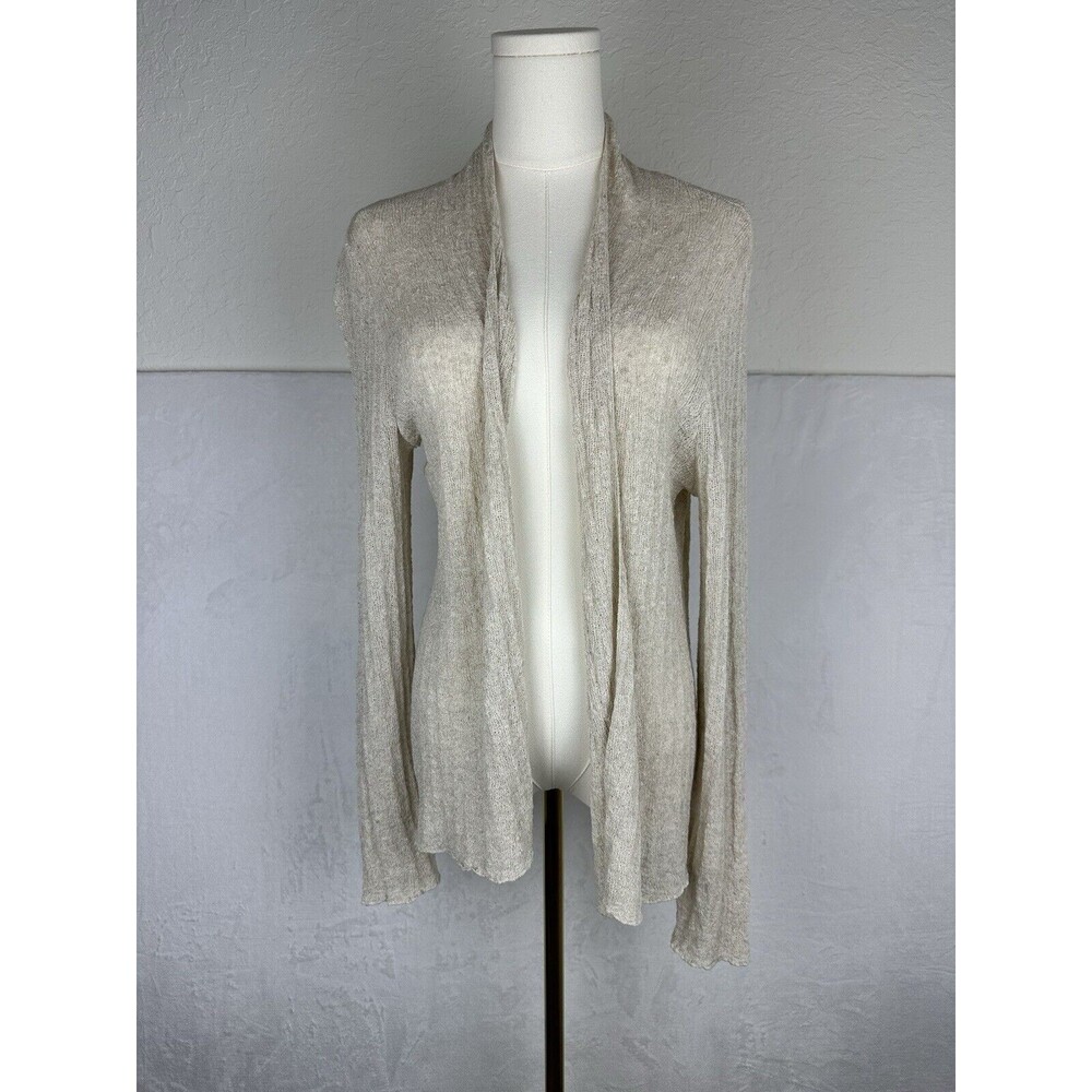Eileen Fisher Cardigan Beige Open Front Long Sleeve Sz M Knit Rayon Linen Blend